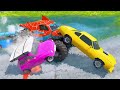 Monster Trucks Flatbed Long Trailer Truck Car Rescue Bus - Big & Small Cars - Cars vs Deep Water