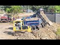 Started New Project! Bulldozer KOMATSU D31PX Push Soil & Stone Into Water, Dump Truck Unloading