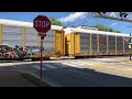 Street Running Train With 2 Locomotives Shoving Rear, Truck Follows Train In Street,2 Street Runners