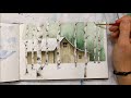 slow living with painting » How to paint birch trees in watercolor cabin in the woods (winter cabin)