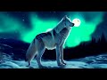 White Wolf in Nature under Northern Lights and Full Moon