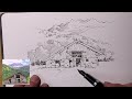Fountain pen ink drawing of a barn in the mountains