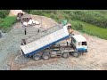 Nice View Strong Power Dump Truck Unloading Pit Soil Swamp Landfill Process Bulldozer Pushing Dirt