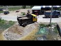 Nice Full video! 1Day completed 100% dozer pushing soil delete pond 5x40m with dump trucks unload