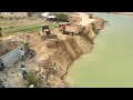 Impressive Bulldozer Skill Driver Pushing Soil Drop Into Water With Team Work Dump Trucks Unloading