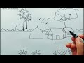 How to make village scenery | pencil sketch beautiful scenery drawing | easy village sunset drawing