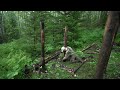 A man builds a log cabin for wintering in the forest. Bushcraft