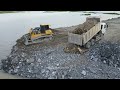 Whole Video Action Building Road on River by SHANTUI Bulldozer Push Soil and Truck Spreading Rock