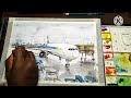 Watercolor painting of a plane parked on runway | #watercolorpainting #asmr