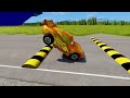 Double Flatbed Trailer Truck vs Speedbumps Train vs Cars | Tractor vs Train Beamng.Drive