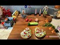 Funny Stop Motion Cooking Animation. Food made by truck and bulldozer.