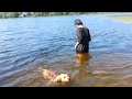 Nora and Casper swimming hoods pond MA in July 2015.