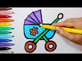 Beautiful Baby Stroller Drawing Painting Colouring for kids Toddlers | How to draw a Baby stroller