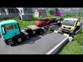 Double Flatbed Trailer Truck vs Speedbumps - Train vs Cars - BeamNG.Drive #1