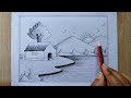 Pencil drawing| Easy Landscape scenery drawing| Village scenery drawing| House,tree,sun,bird,hill
