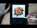 Traditional Rose Tattoo Flash Using Procreate on the Ipad Pro