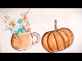 Watercolor Painting Tutorial: Pumpkin, Mug, and Flowers