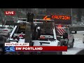 Cars stalled, stopped; drivers chaining up on Hwy 26 in snowy conditions in SW Portland