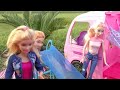 CAMPER ! Elsa & Anna toddlers go Camping with Barbie - Built-In pool play - Picnic