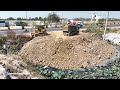 Excellent Action Landfill ! Bulldozer KOMATSU D58PX Push Soil rock to water and Truck Spreading Soil