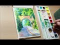 Simple Watercolor painting of Beautiful Bridge Road and Trees