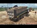 Ep4- Incredible! Safety Operator 5ton dump trucks & Best Bulldozer push soil landfill up into water