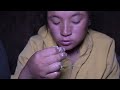 Young girls are cooking and eating pork meat curry in rural Nepal || Local pork curry cooking