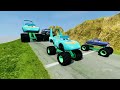 Double Flatbed Trailer Truck vs Speedbumps Train vs Cars Beamng.Drive / Flatbed Trailer