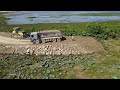 New Road Building Technology Shantui Bulldozer Push Removing Rock Into Water Across Big Lake