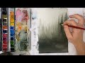 Real time MISTY FOREST tutorial » how to paint foggy pine trees in watercolor for beginners