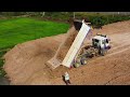 Amazing SHANTUI Bulldozer Pushing Soil With Hyundai 25TON, SHACMAN Trucks Pour soil on the sidewalk