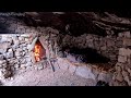 Construction of warm survival shelter: Bushcraft stone hut with stone fireplace #bushcraft