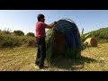 Solo camping. A hay roll converted into an emergency shelter. An asian in european jungles. Video 6