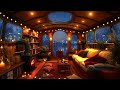 Soothing Jazz Piano and Rainfall, Warm Fireplace in Cozy Nighttime Houseboat Setting for Relaxation