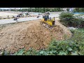 Great Project Landfill up with Operator Bulldozer Push Soil, Dump Truck Unloading Soil in Processing