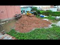 Dozer kumatsu Pouring soil into water & Dump Truck Transport Drop Down Soil to flooded behind houses