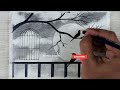 How to draw scenery of moonlight with pencil step by step, Lover Birds Scenery Drawing