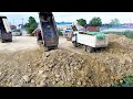 Nice Fantastic activity Bulldozer SHANTUI Moving Soil Stone into Water and Dump truck Unloading Soil