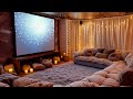 Cozy Movie Room with Fairy Lights on Rainy Night | Relaxing Evening Ambience with Rain Sounds