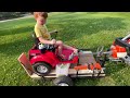 Mowing lawn with kids ride on zero turn, tractor, truck. Educational how a mower works | Kid Crew