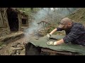 Building Warm Bushcraft Survival Shelter in Wildlife, Fireplace, Campfire Primitive Cooking, ASMR