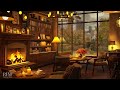 Smooth Jazz Background Music in Cozy Coffee Shop Ambience with Crackling Fireplace on a Rainy Day