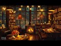 Cozy Coffee Shop Ambience with Smooth Jazz Music & Crackling Fireplace on a Rainy Night for Relaxing