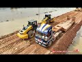 Great Process Build Road Prevent Flooding​​ Power Bulldozer Pushing Soil & Dump Truck Unloading Soil