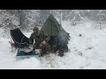 -27°C Winter Hot Tent Camping In Deep Snow - Snow Storm - Bushcraft Camping - ASMR
