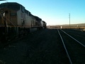 Abandoned Union Pacific locomotives with engines running.