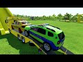 ALL CARS OF COLORS! AMBULANCE, LOADER, FIRE TRUCK, CRANE, TRACTOR, COLOR POLICE CAR TRANSPORT! FS 22