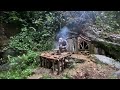 2 Days BUSHCRAFT Solo CAMPING, Building a WOOD and ROCK Survival SHELTER & Fireplace, start Cooking