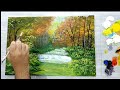 Sponge painting technique / acrylic pouring - waterfall and forest - landscape for beginners