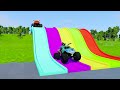 5 MONSTER TRUCK VS GIANT COLOR WATER SLIDE